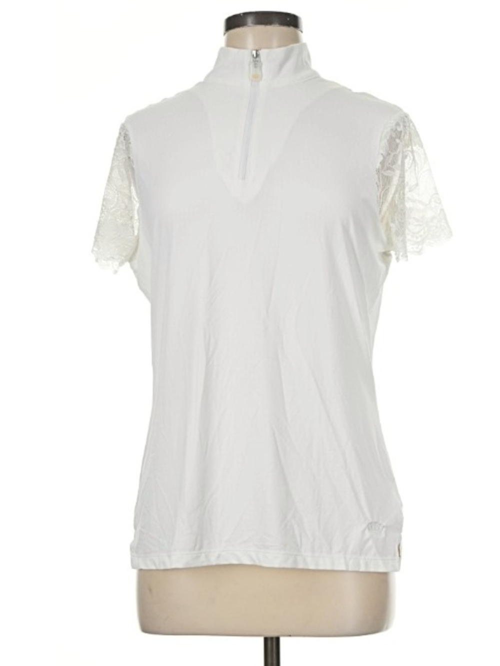 Kastel Denmark White Short-Sleeve Lace Detail Zip Mock Neck Riding Shirt